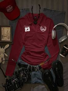 Attitoon 女士休闲时尚学院风徽章及23号印花翻领长袖T恤，修身秋冬内搭，酒红色上衣，酒红色T恤 - 酒紅色 - 查看 1