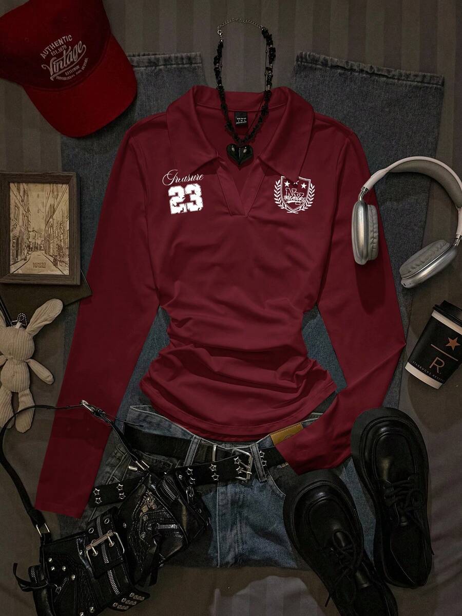 Attitoon 女士休闲时尚学院风徽章及23号印花翻领长袖T恤，修身秋冬内搭，酒红色上衣，酒红色T恤 - 酒紅色 - 查看 1