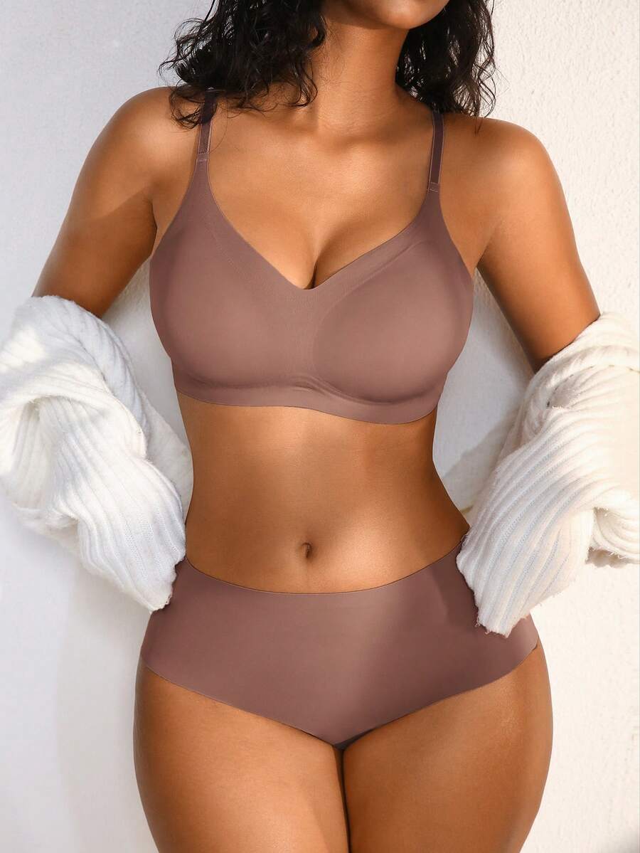 NudeFit 2pcs Set Minimalist Comfortable Jelly Gel Seamless Underwear, Includes Triangle Panties And Sleep Bra - Mocha Brown - View 1