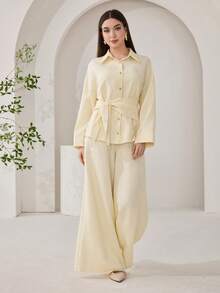 2件套女士简约通勤纯色纽扣衬衫和裤子套装，秋季 - 黃色 - 查看 1