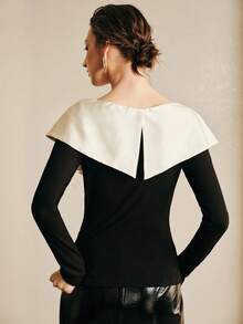 Arave 女士黑色高弹针织修身缎面滚边领口纽扣结设计，优雅约会上衣，情人节女士黑色上衣，春季款 - 黑色 - 查看 5