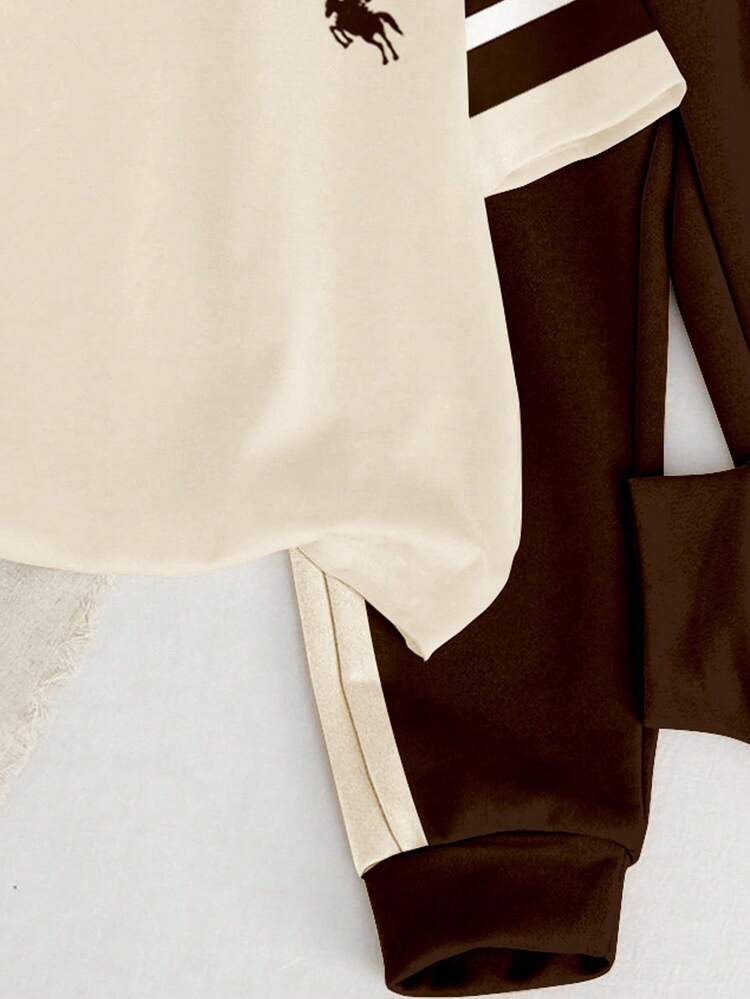 SHEIN Baby Boys Casual Minimalist Fashion Versatile Classic Color Block, Preppy Style, Horse Logo Loose Comfortable Short Sleeve T-Shirt And Pants 2-Piece Set, Suitable For Spring And Summer - Multicolor - View 6