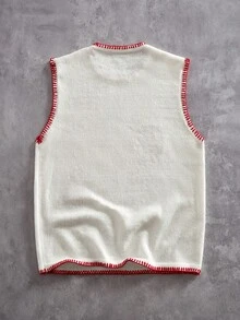 ROMWE MEN Chaleco de punto casual con cuello redondo con bordado de luna y sol para hombres - Multicolor - Ver 2