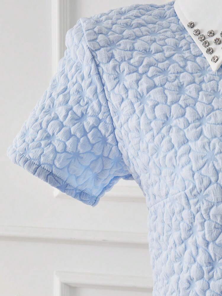 Diamond Collar, Jacquard Textured Fabric, A-Line Maxi Skirt, Elegant High Waist Snug Fit, Fashion & Graceful For Teenage Girls In Summer - Blue - View 7