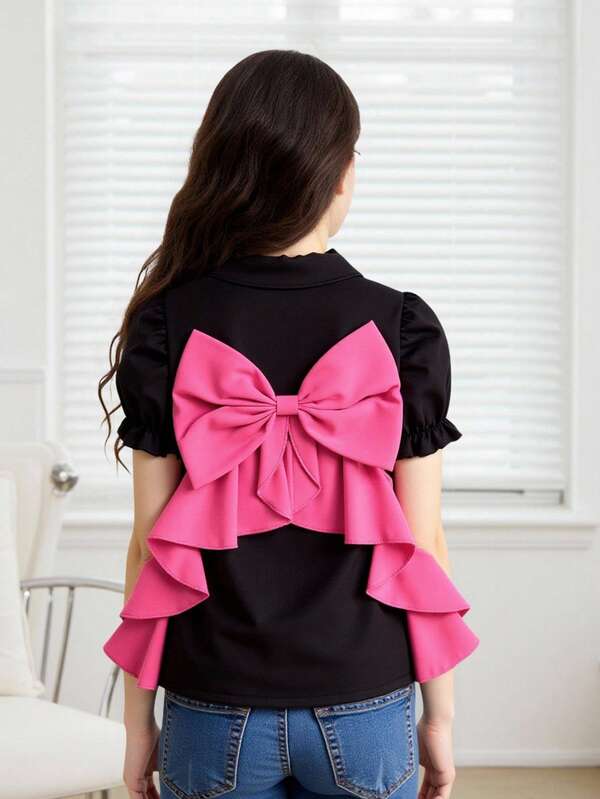 Young Girls Black Shirt + Pink Bow Sweet Element Combination, With Both Stylish Neatness And Youthful Dynamism, Suitable For Daily Outings In Spring And Autumn