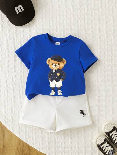 SHEIN 2pcs/Set Baby Boy/Girl Casual Cute Bear Print Short Sleeve T-Shirt And White Shorts/Pants Set, Spring/Summer Baby Clothes Outfits,Easter Gift Sthings For Baby