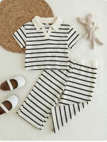 SHEIN 2pcs/Set Baby Girls' Fashion Casual Classic Striped Polo Collar Short Sleeve Top And Pants Set, Suitable For Spring/Summer, Home, Outdoor, Vacation, Daily Wear - Multicolor - View 1