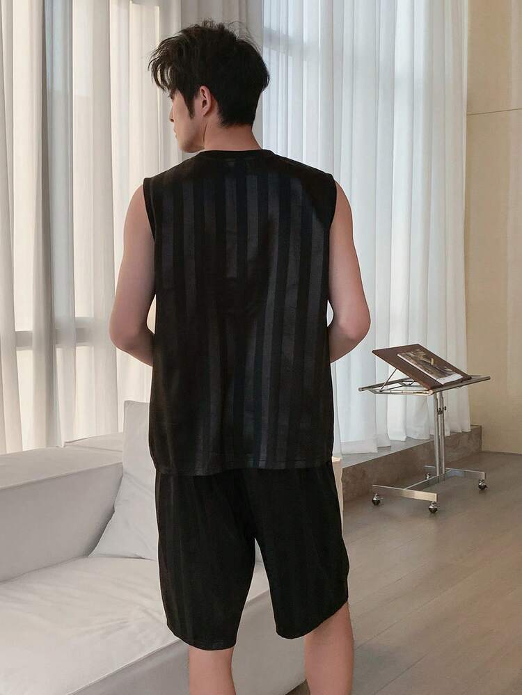 Summer Sleeveless Top And Shorts Casual Pajama Set For Men, Twill Fabric