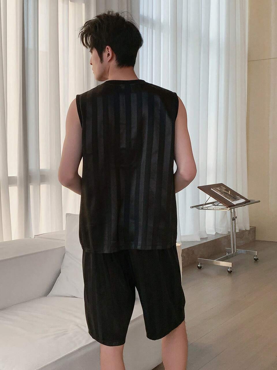 Summer Sleeveless Top And Shorts Casual Pajama Set For Men, Twill Fabric