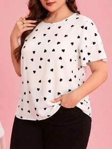 SHEIN Clasi 大码优雅爱心印花圆领荷叶袖衬衫，夏季 - 白色 - 查看 6