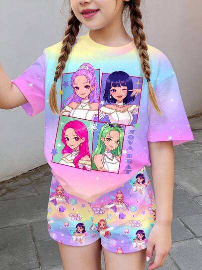 SHEIN 2pcs/Set Young Girl Cartoon & Tie-Dye Print Casual Minimalist Short Sleeve T-Shirt And Shorts Set, Suitable For Summer