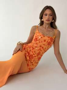 Aloruh 女士新款纯橙色亮片刺绣雪纺吊带修身长裙，性感垂褶领口，适合派对、婚礼、海滩、度假、晚宴、约会等场合 - 橘色 - 查看 5