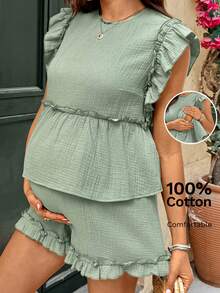 SHEIN Bộ 2 món áo và quần short màu trơn cho bà bầu và cho con bú, gồm áo tay ngắn và quần short. - màu xanh lá - Xem 9