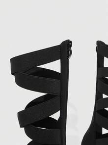 CUCCOO SZL Black Suede Chunky High Heel Sandals, Criss-Cross Strap Design With Side Zipper, Chic & Stylish For Commute And Date Valentine's Day - Black - View 6