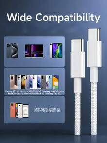 Teckwe 1m/2m/3m Type-C To Type-C Fast Charging Cable, USB C To USB C Cable, Compatible With IPhone17/16/15/Pro/Pro Max, Compatible With Android Mobile Phone Chargers Cord, Nylon Braided Long-Lasting And Heavy Duty - White - View 5
