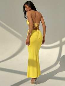 Aloruh Đầm trơn màu thanh lịch với chi tiết vòng tròn, thích hợp mặc thường ngày và dự tiệc. - Màu vàng - Xem 2