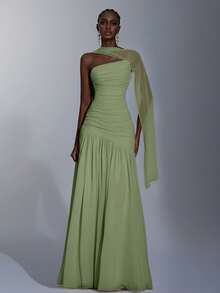 Elitara 优雅薄荷绿极简主义高弹网纱无肩带褶皱腰A字连衣裙，适合约会、单身派对、婚礼、正式场合 - 綠色 - 查看 7