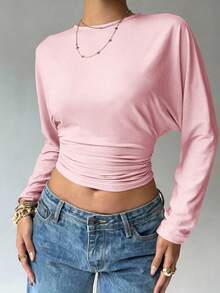 Aloruh Women's Autumn/Winter Bat Wing Long Sleeve Fitted T-Shirt - Pink - View 9