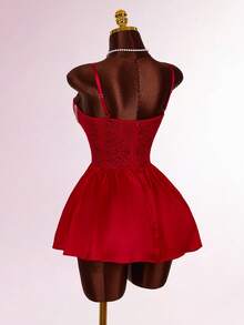 Amplova Sexy Party Women's Contrast Lace Ruffle Hem Spaghetti Strap Mini Dress - Burgundy - View 10