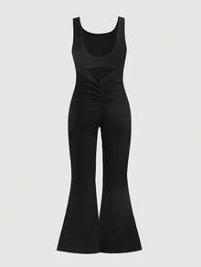 SHEIN Tween Girls' Summer Casual Solid Color Backless Sleeveless Jumpsuit Girl Gym Clothes Teen Girl Clothes Y2k Mother Daughter Matching Jumpsuit Jumpsuit Girls - Black - View 3