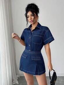 Elenzga 女士修身A字牛仔裙 - 深色水洗藍 - 查看 9