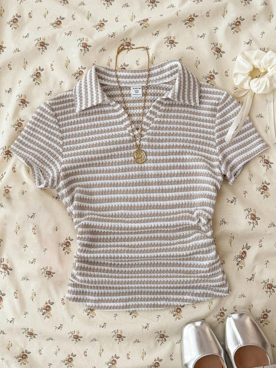 Áo thun ngắn tay cổ chữ V cho bé gái tuổi teen, áo polo lửng ôm dáng mùa hè, kiểu dáng thoải mái và vừa vặn. - Nhiều màu - Xem 1