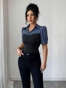 Elenzga Women's Solid Color Striped Patchwork Short Sleeve Shirt - Black - View 5