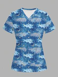 TaskEZ Women's Starry Blue Scrub Uniform Top - Multicolor - View 6