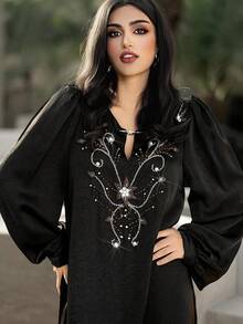Layrah Abaya Arab Hitam Buatan Tangan dengan Hiasan Berlian Imitasi, Gaun Pesta Malam Mewah dan Elegan Dubai, Gaun Pesta Pernikahan Formal - Hitam - View 4