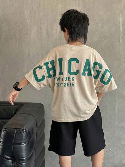 Tween Boy Casual Korean Style Loose Fit Street Big Letter Graphic Round Neck Short Sleeve T-Shirt, Suitable For Commuting, School, Daily Casual Wear, Sports, Spring/Summer