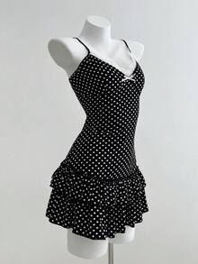 SHEIN Tall 女士波点蕾丝边吊带连衣裙 - 黑色 - 查看 3
