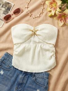 INAWLY Starfish Decor Pleated Bandeau Top For Women,White Gold,Summer,Casual,Vacation,Holiday Beach Cute Conservative Bustier Tube Top Summer - White - View 1