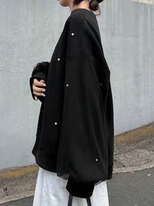 FRIFUL 女士圆领网眼拼接珍珠装饰加厚抓绒卫衣 - 黑色 - 查看 6