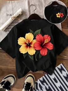 Women's T-Shirt, Casual Street Style Graphic Short Sleeve T-Shirt, Cute Summer Top - Black - View 1