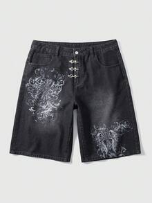 ROMWE MEN Goth Herren Lässige Denim Shorts mit Blume Muster und Tasche, locker geschnitten - Schwarz - Übersicht 1