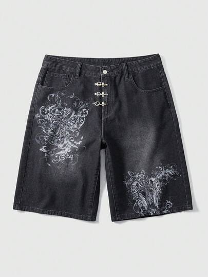 ROMWE MEN Street Life Men's Floral Print Pocket Loose Casual Denim Shorts