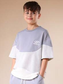 SUMWON Boys Color Block Short Sleeve Crew Neck T-Shirt And Matching Shorts Casual Summer Co-Ord Set With Logo Branding Vacation - Baby Blue - View 3