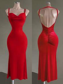 Franclia Sexy Backless Spaghetti Strap Waist Cinched Fitted Casual Party Dress For Women - Red - View 3