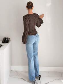 Siren Gaze Women's Striped V-Neck Ruffle Asymmetrical Hem Fashionable Versatile Commuting Long Sleeve Blouse - Mocha Brown - View 3