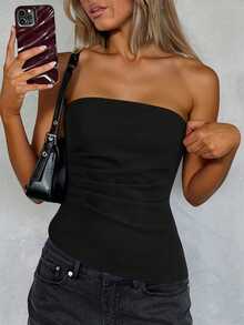 SHEIN Essnce 女士休闲纯色露肩不对称下摆抹胸，夏季 - 黑色 - 查看 5