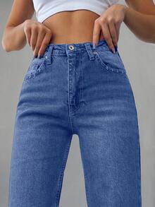 SHEIN Cottnline 女裝休閒直筒牛仔褲 - 淺色水洗藍 - 查看 5