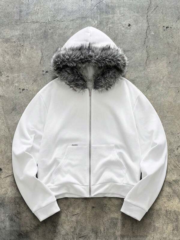 AXEPEAK Felpa con cappuccio e colletto in pelliccia nera, stile americano, giacca corta slim fit, design di nicchia per uomo