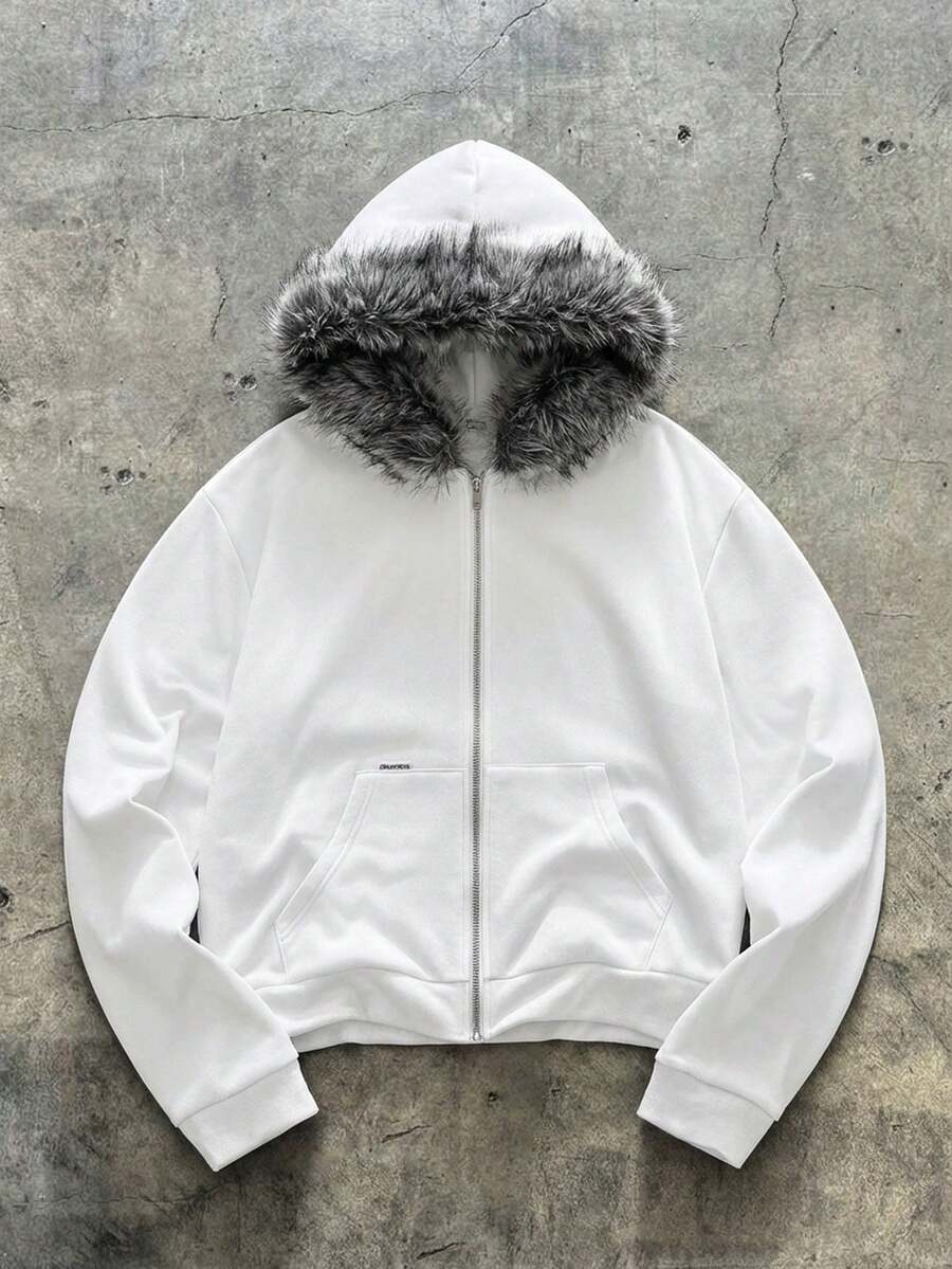 AXEPEAK Amerikanischer Stil Schwarz Fellkragen Hoodie, Nischen Design Slim Fit Kurze Sweatjacke für Herren - Weiss - Übersicht 1
