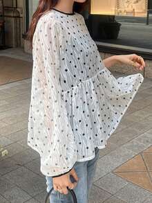 FRIFUL Women's Solid White Sheer Fabric Layered Polka Dot Textured Tie Neck Bow Loose Casual Blouse - White - View 4