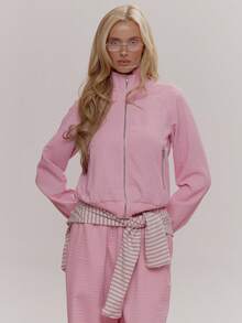 MUSERA High Neck Zip Through Waffle Jacket Coord Top Only Cute Girly Sexy Spring  Going Out Daily Sugar Swizzle Summer - Baby Pink - View 1