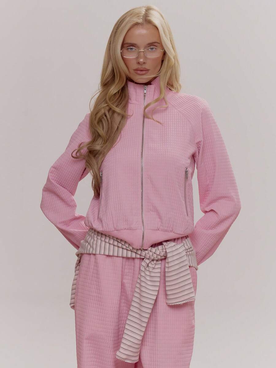 MUSERA High Neck Zip Through Waffle Jacket Coord Top Only Cute Girly Sexy Spring  Going Out Daily Sugar Swizzle Summer - Baby Pink - View 1