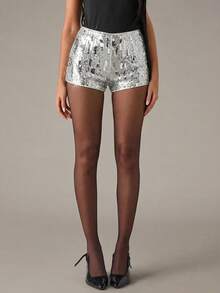 SHEIN BAE Women's Solid Color Sequin Embellished Tight Shorts, Fashionable For Party Occasions - Silver - View 7
