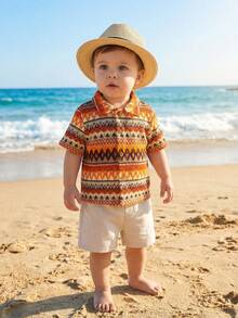 SHEIN 2pcs Baby Boys Texture Knit Shirt And Khaki Casual Shorts, Suitable For Vacation, Birthday Party, Rave, Evening Party, Performance, Wedding, Baby Shower, And 1st Birthday Celebration - Multicolor - View 3