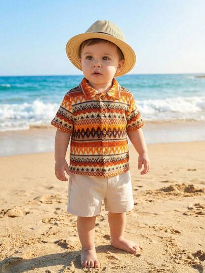 SHEIN 2pcs Baby Boys Texture Knit Shirt And Khaki Casual Shorts, Suitable For Vacation, Birthday Party, Rave, Evening Party, Performance, Wedding, Baby Shower, And 1st Birthday Celebration