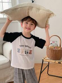 DAZY Young Boy Cartoon Print Round Neck Short Sleeve Top And Plaid Print Pants Pajama Set - White - View 3